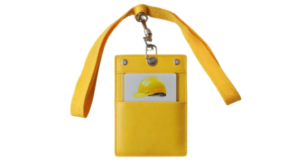 A yellow id badge with a lanyard and a card with a yellow hard hat on it against a black background
