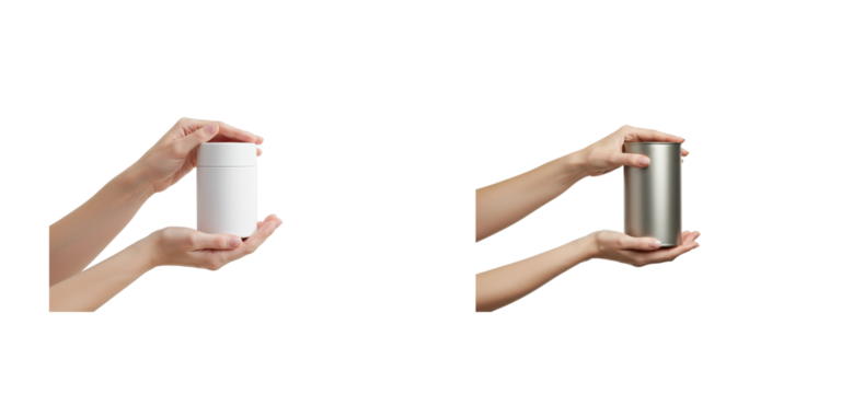 Caucasian female hands holding white and gray tumblers against black background