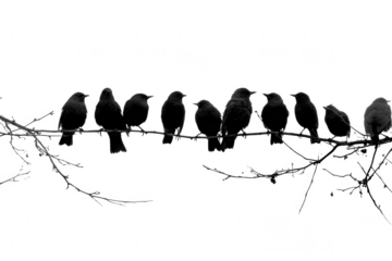 A flock of birds perched on a branch isolated on transparent background