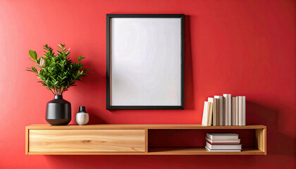 Red Wall Frame and Shelf Mockup