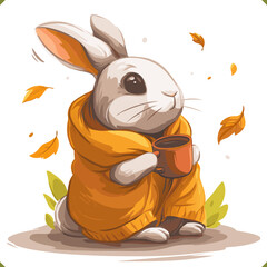 Vector illustration of a cute autumn bunny wrapped in scarf and yellow blanket holding a hot drink. Cozy fall illustration with warm colors, autumn leaves and soft shading on white background