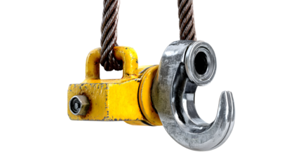 Close up of a crane hook with a yellow block and steel cable against a black background image