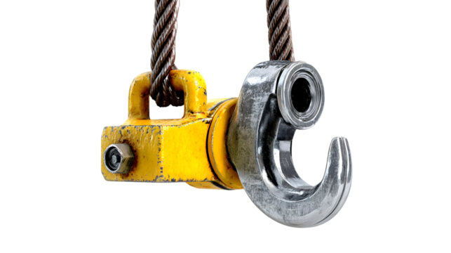 Close up of a crane hook with a yellow block and steel cable against a black background image