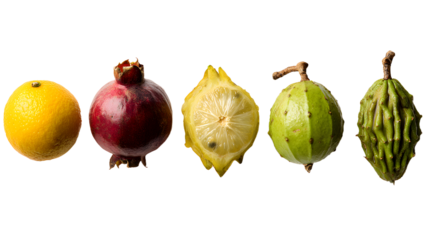 A vibrant display of assorted fruits including orange, pomegranate, lemon, green fruit, and cherimoya on a white background