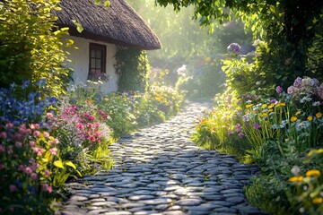 In the courtyard of a thatched cottage, soft sunlight falls on the stone path