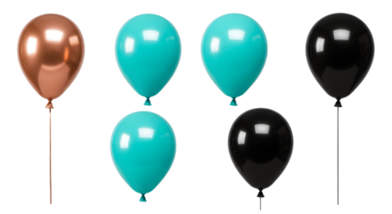 A vibrant display of colored balloons in turquoise, black, and copper, perfect for festive celebrations or events