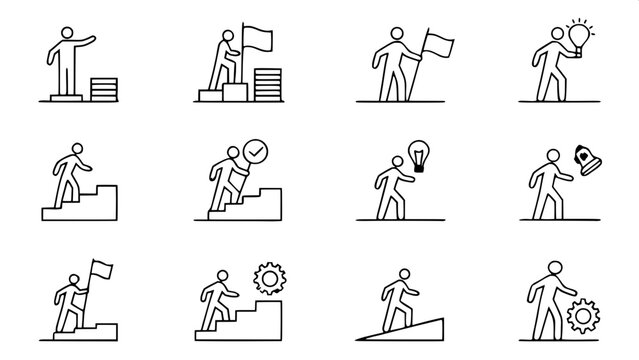 A grid of twenty-five line-art icons illustrating essential leadership and team development concepts. The icons include stylized figures climbing stairs, guiding others, standing on podiums, giving pr