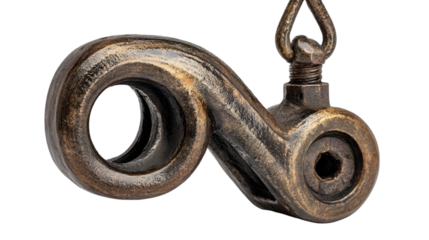 Closeup of a vintage metal swivel hook with a spiral design and visible screw threads detail on black