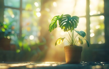 The monstera plant grows quietly in a pot, its unique leaves particularly striking under the sunlight