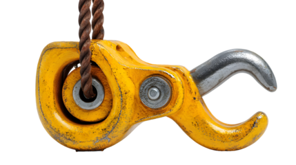 A close up of a yellow industrial hook suspended by a brown rope against a black background image