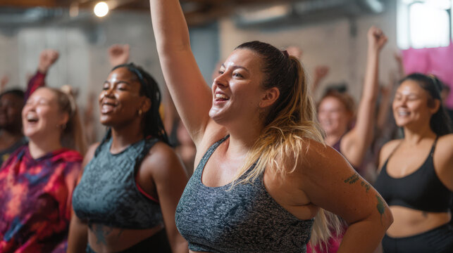 A diverse group of plus-size women celebrates fitness together with smiles and raised arms.