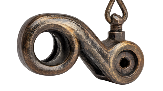 Closeup of a vintage metal swivel hook with a spiral design and visible screw threads detail on black