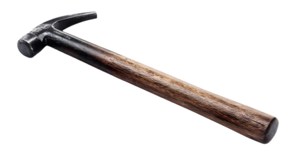 A close up of a hammer with a wooden handle against a black background in a studio setting