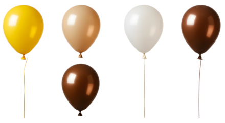 A vibrant display of colorful balloons in yellow, beige, white, and brown, perfect for festive celebrations or events