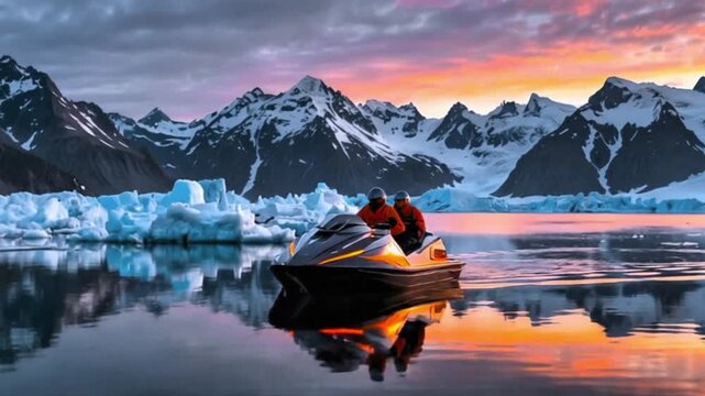 A boat floating on a calm body of water surrounded by snow-covered mountains at sunset, with the sky lit up in vibrant colors.