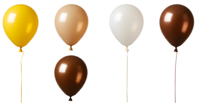 A vibrant display of colorful balloons in yellow, beige, white, and brown, perfect for festive celebrations or events