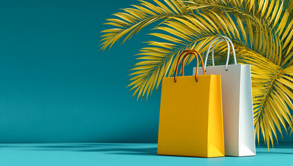 Shopping bags sit near palm fronds. Use for retail marketing, summer design, promotions, web banner.
