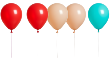 A vibrant assortment of colorful balloons in red, beige, and turquoise, ideal for festive celebrations and events