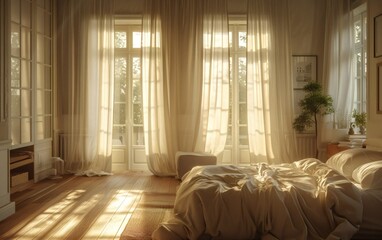In the secondary bedroom, soft sunlight filters through the sheer curtains