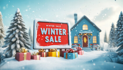 Winter Sale promotion features snowy setting, gifts, and cozy home. Perfect for advertising, marketing, web design, and festive announcements.