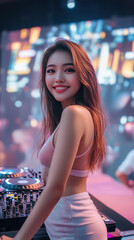 Smiling asian woman dj in a club setting with pink top and white skirt at the dj mixing table