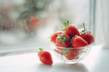 Fresh Strawberries in Glass Bowl. A glass bowl of fresh strawberries by a window with natural light. Ideal for summer themes, healthy eating, or kitchen decor.