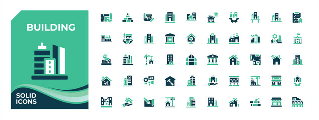 Building colorful vector solid icon set. Contains such icons as museum, shop, house, home, estate. UI icons set in a flat style. Architecture vector icon set. Vector illustration.