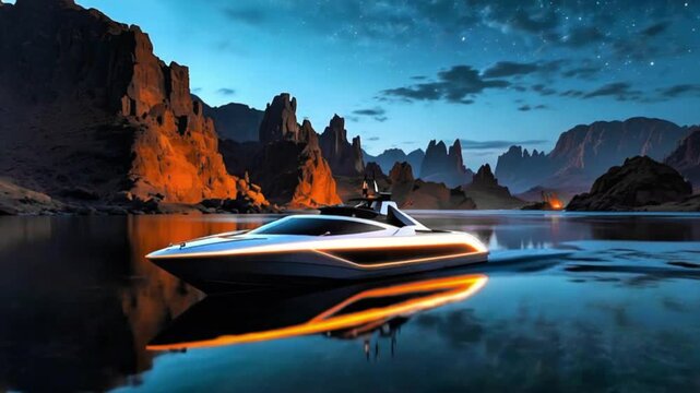 A modern yacht floating on calm waters near a rocky shoreline at twilight. The reflection of the yacht and the surrounding landscape is visible on the water's surface.