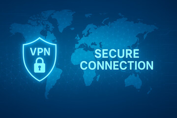VPN secure connection graphic with glowing shield and lock icon over world map, representing global cybersecurity, encrypted internet access, and digital privacy protection, VPN secure connection, 
