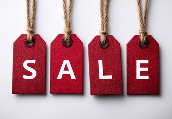 Four red tags spell SALE on white background. Use for marketing, advertising, commerce, retail, shopping, promotion, or web banner.