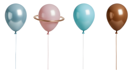 A vibrant collection of four balloons, featuring a pink balloon with a Saturn-like ring, set against a clean backdrop