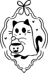 Cute Ghost Cat in Ornate Doodle Frame , Cute Doodle hand drawn Spooky Cozy Clipart, Kawaii Halloween Character Graphic