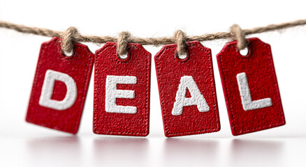 Deal tags hang, promoting savings for marketing use. Red labels spell "DEAL" on string. Represents discounts, sales, special offers. Simple, clean look for website or advertising.