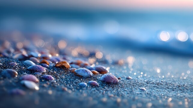Collecting tiny shells on wet sand with ocean breeze in coastal paradise