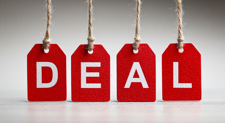 Red tags spell out 'DEAL' for marketing. Promo event, offer, discount, sales, retail. Typographic. Close-up on white background.