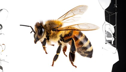 Honeybee in flight, side view, against a contrasting backdrop