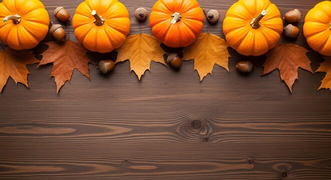 Autumn Harvest: Rustic Wooden Background with Mini Pumpkins, Fall Leaves, and Acorns for Thanksgiving and Seasonal Celebrations