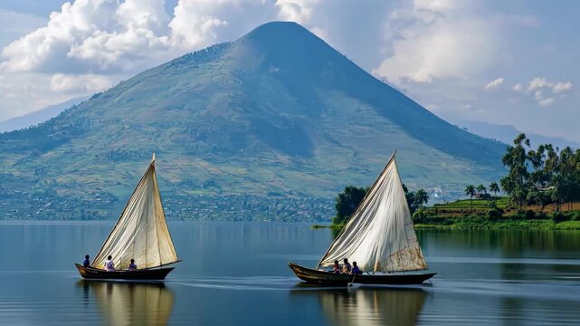 Sailboats glide across a serene lake in Rwanda under a bright sky, People sailing on a lake in Rwanda