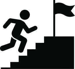 A black silhouette of a person running up stairs towards a flag on a white background