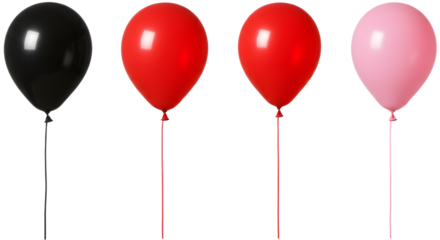 A vibrant display of four balloons in black, red, and pink, floating gracefully against a clear background, ideal for celebrations