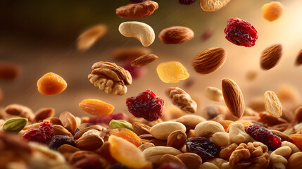 Nutritional Cascade: An artful display of wholesome ingredients, with nuts and dried fruits elegantly suspended in mid-air, offering a captivating visual of natural goodness.
