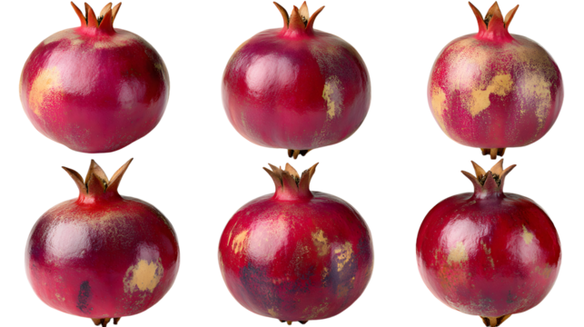 A vibrant display of ripe pomegranates arranged in two rows, showcasing their glossy skin and natural imperfections