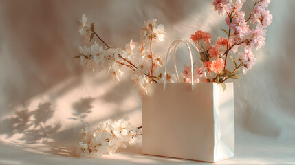  Blossoms in Gift: Elegant display of spring blooms spilling from a crisp, understated paper bag, bathed in a soft, natural light with graceful shadows dancing in the background.