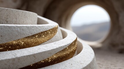 Detailed close up of spiraling concrete steps adorned with golden glitter accents