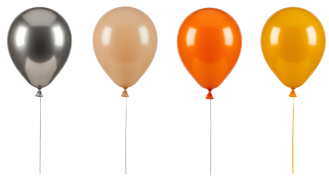 A vibrant display of four colorful balloons in a row, showcasing metallic silver, beige, orange, and yellow hues against a transparent background