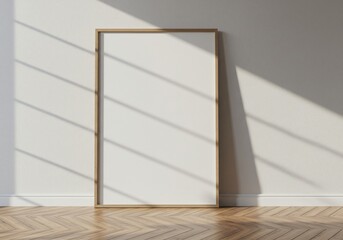 Blank canvas frame on wall with sunlight and shadow interior mockup