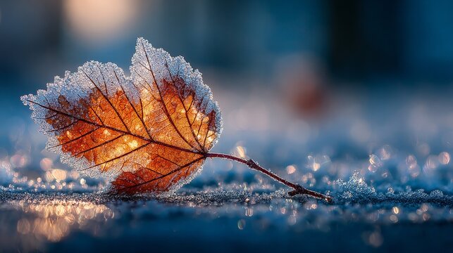 Frosty Maple Leaf Resting on Sparkling Ground of Ice Crystals - Powered by Adobe