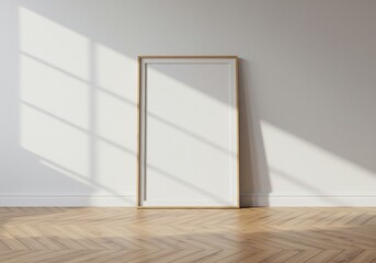 Blank canvas frame mockup sunlight and shadow on white wall with wood floor background