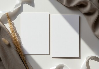 Blank card mockup with fabric ribbon and dried grass on white surface for invitations or greetings