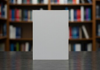 Blank book cover on table with defocused bookshelves background for mockups